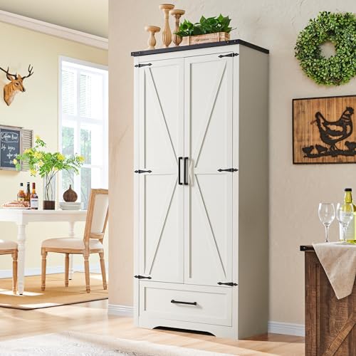 White 72" Tall Wood Rustic Storage Cabinet with Adjustable Shelves and Drawer T958742