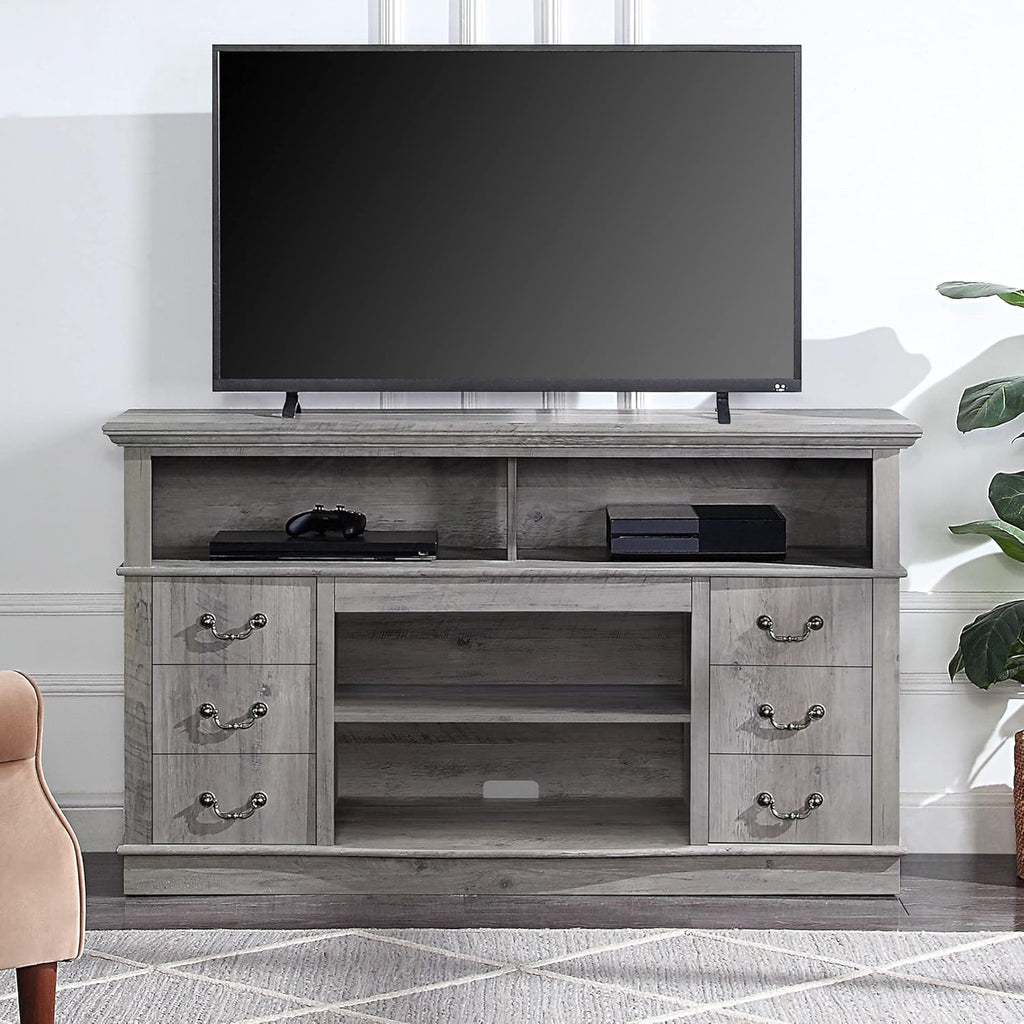 Gray Wash Wood TV Stand with Open Storage Shelves & Cabinets F8234
