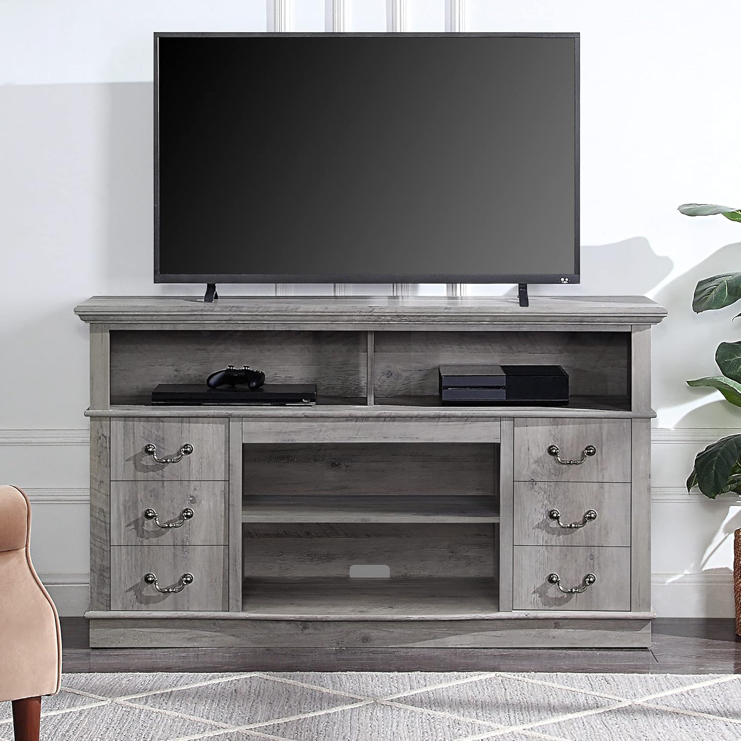 Gray Wash Wood TV Stand with Open Storage Shelves & Cabinets F8234
