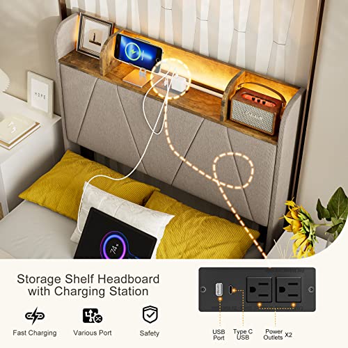 King Bed Frame with Charging Station and Storage Shelf Headboard, Upholstered LED Bed Frame with Solid Wood Slats, Light Brown R147