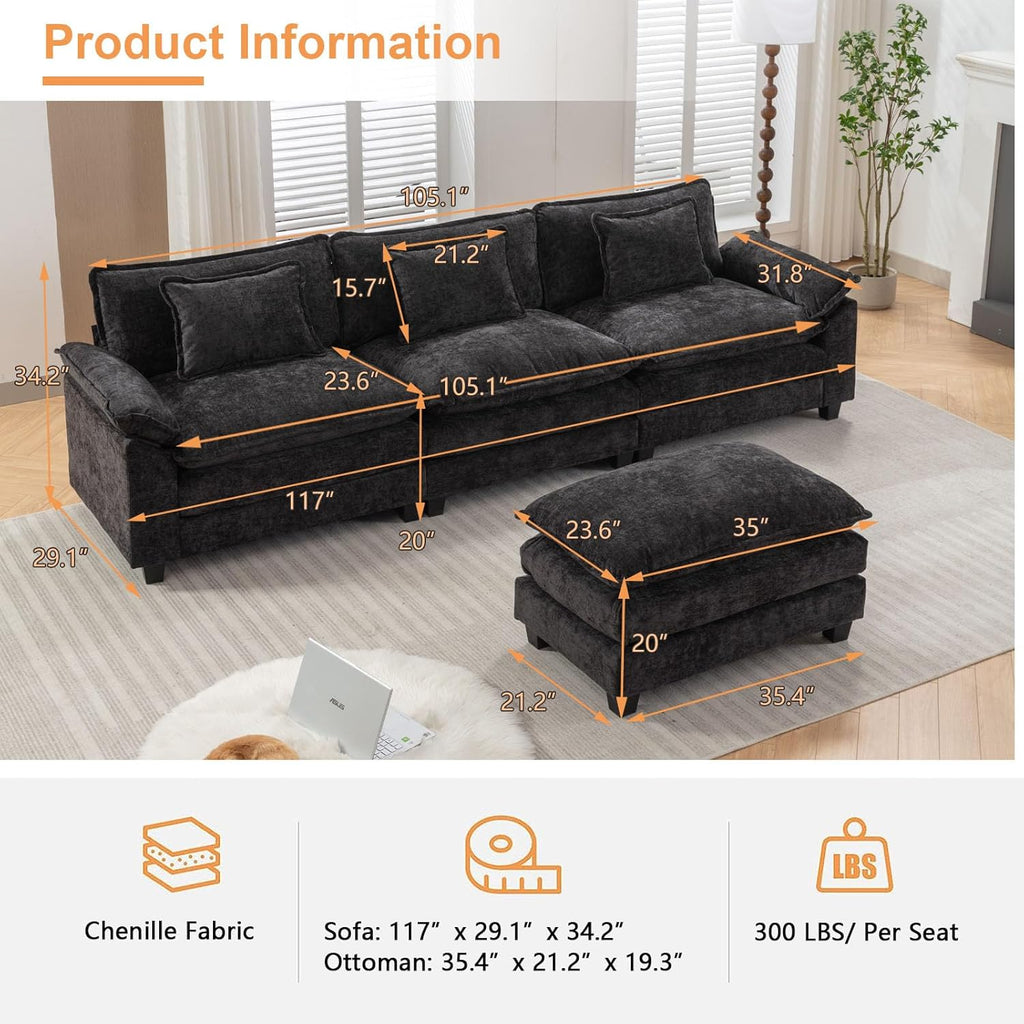 Black Chenille L-Shaped Sectional Sofa with Ottoman B505