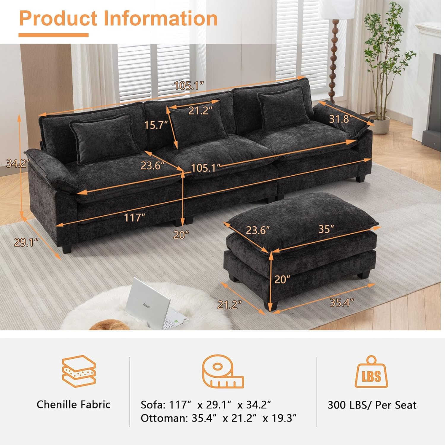 Black Chenille L-Shaped Sectional Sofa with Ottoman B505