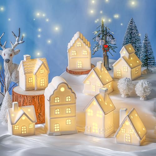 28 Pcs Ceramic LED White Christmas Village Set with Houses, Trees, Lamp Post Z32937