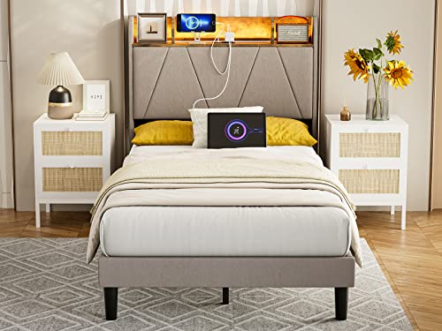King Bed Frame with Charging Station and Storage Shelf Headboard, Upholstered LED Bed Frame with Solid Wood Slats, Light Brown R147