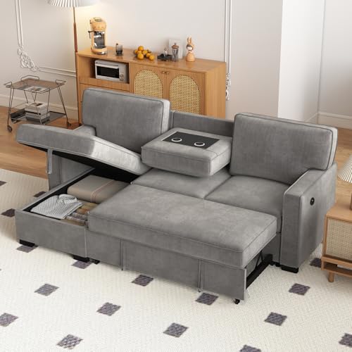 Grey Chenille L-Shaped Sleeper Sofa with Storage B20374