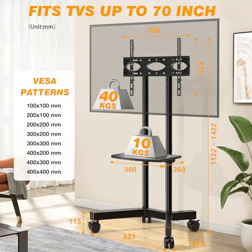Mobile TV Stand with Wheels, Height Adjustable Rolling TV Cart with Laptop Shelf W8303