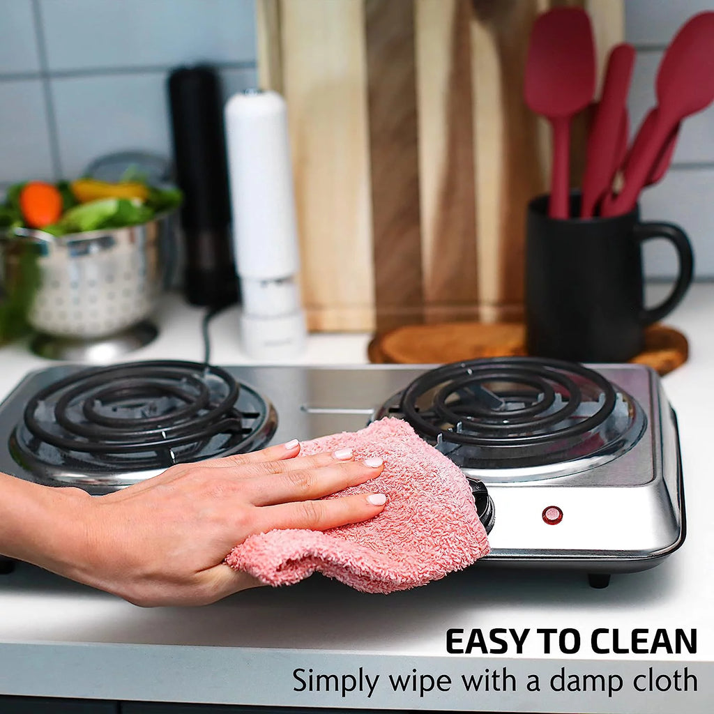 Silver Electric Countertop Double Burner with Stainless Steel Coil Hot Plates A183