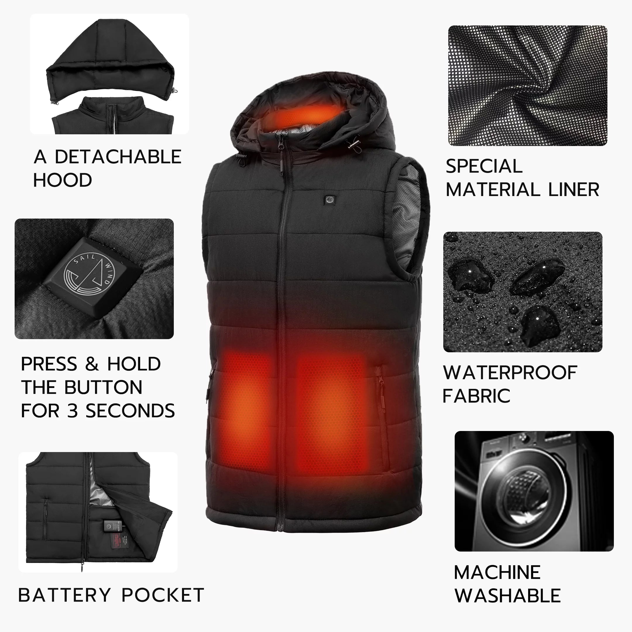 Lightweight Heated Vest with Removable Hood K3053