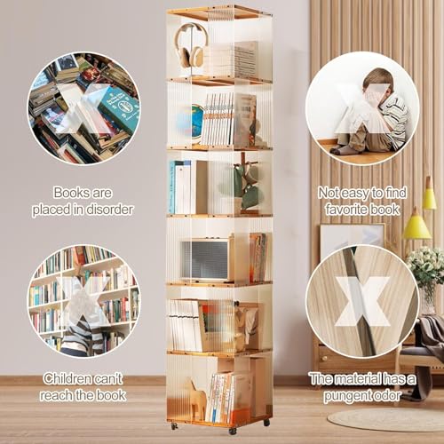 Brown Bamboo 360° Rotating Rolling Bookcase with Wheels X7787