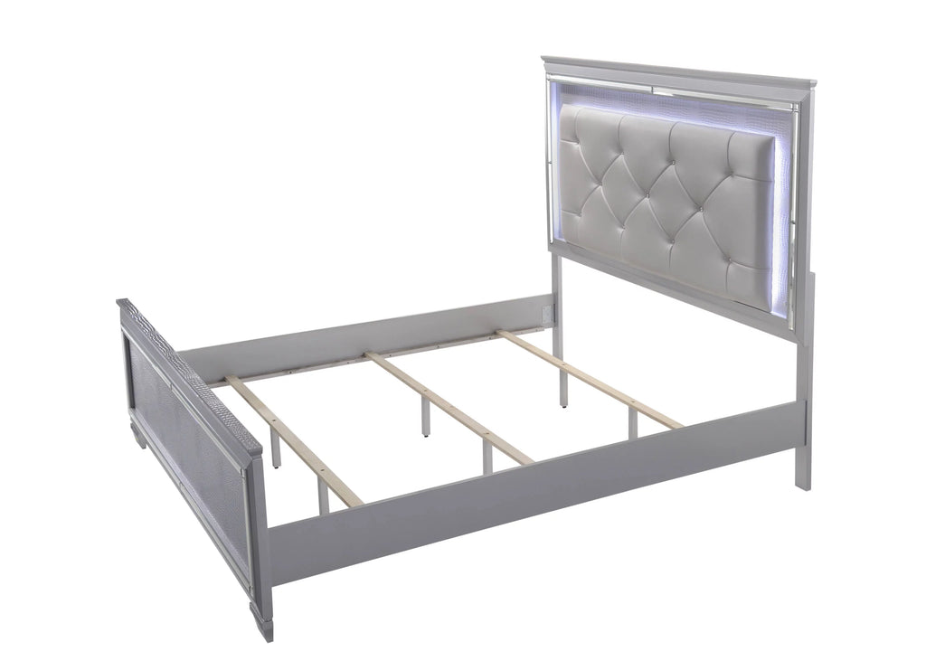 Silver Finish Queen Size LED Backlit Upholstered Headboard Bed Z247638