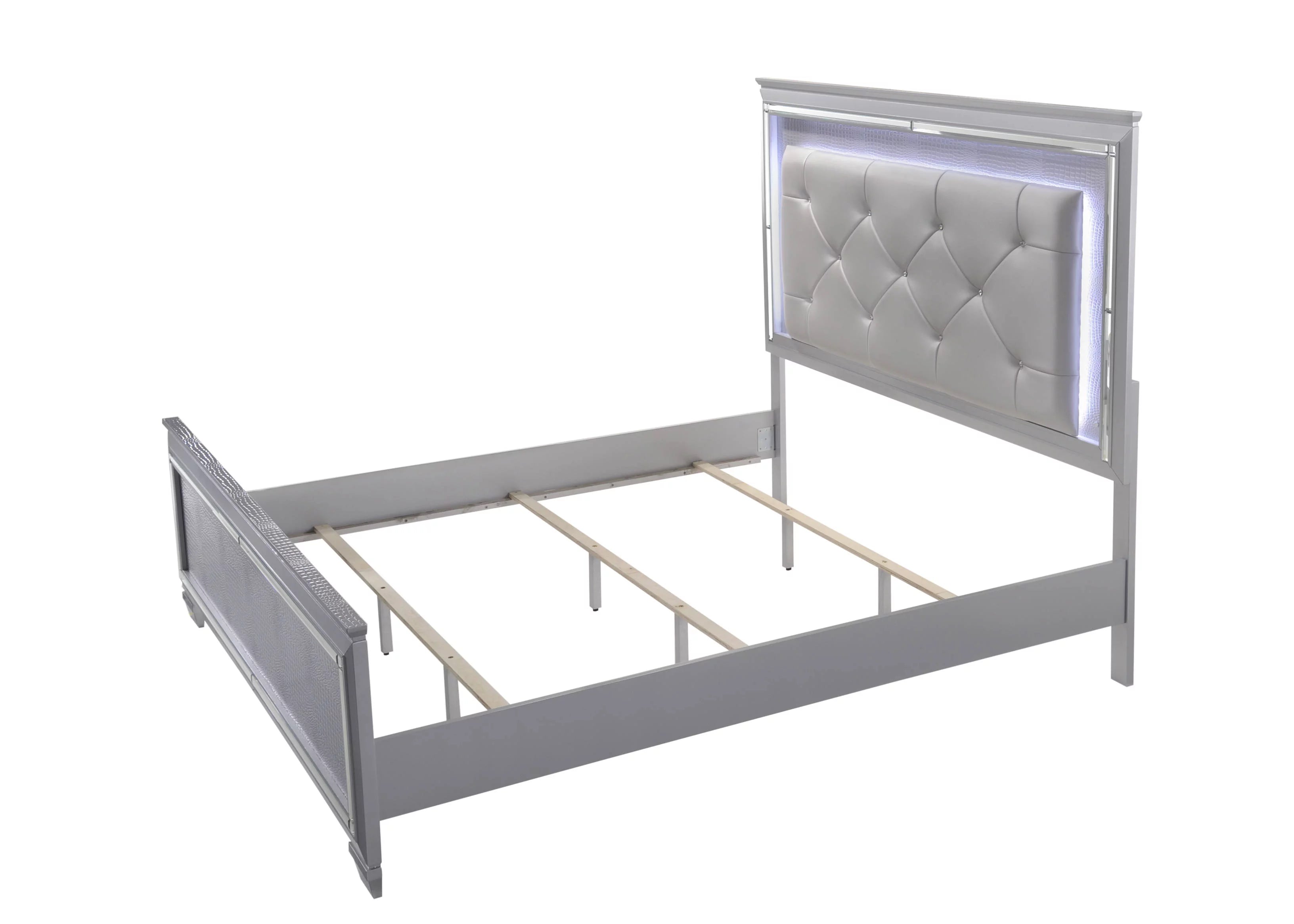 Silver Finish Queen Size LED Backlit Upholstered Headboard Bed Z247638