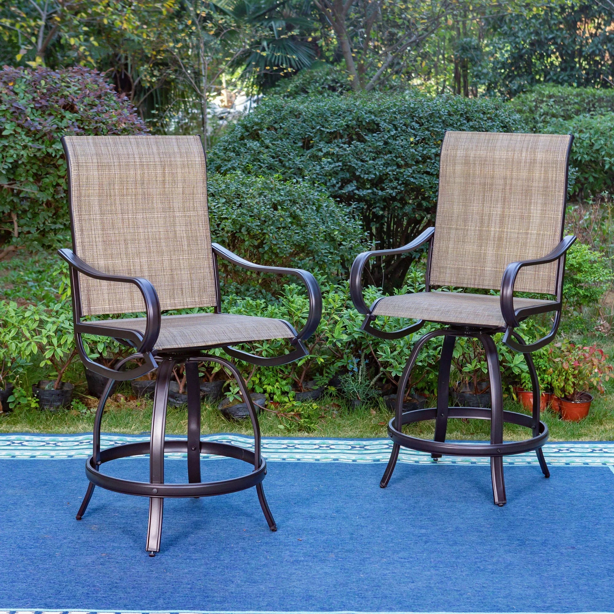 5-Piece Outdoor Bar Stool Set with Rectangle Counter Height Table & Patio Swivel Bar Chairs, Black & Brown X515