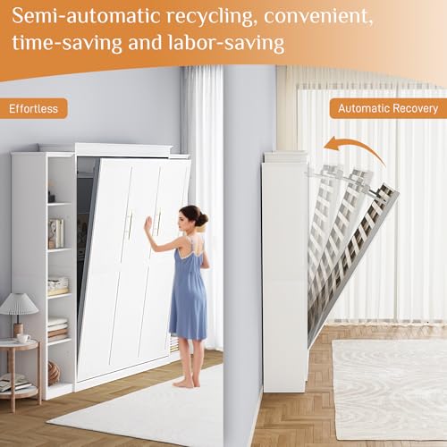 Queen Murphy Bed Cabinet with 5-Tier Adjustable Storage Shelves, Grey Wood Foldable Platform Bed E6897