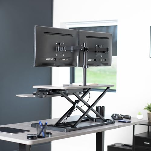 White 32 inch Height Adjustable Standing Desk Converter with Dual Monitor Stand Q9959