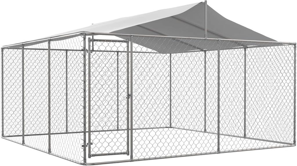 Large Outdoor Dog Kennel with Roof, Chain Link Enclosure, Galvanized Steel, 177.6 x 177.6 x 91.2 Inch I4390