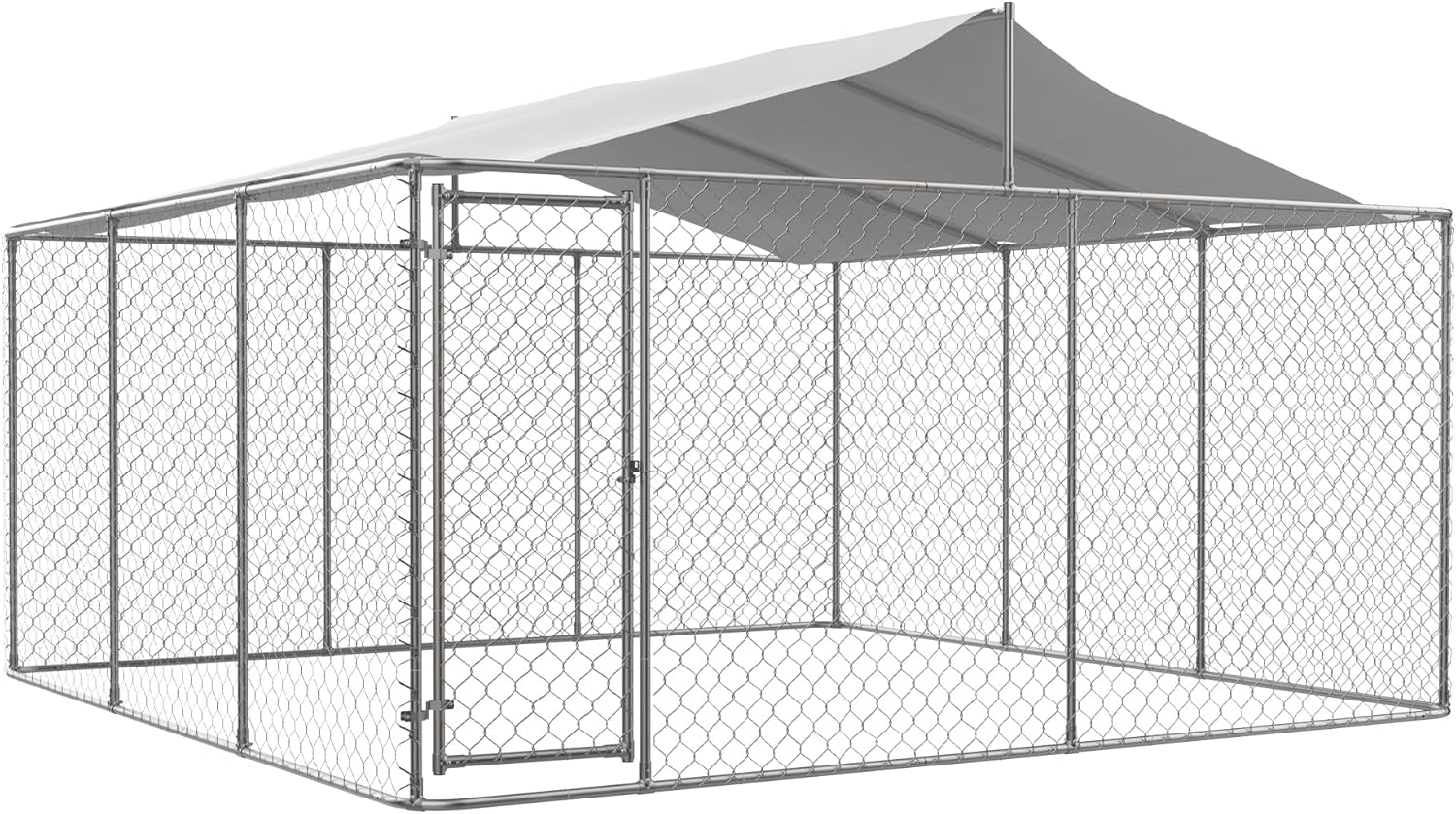 Large Outdoor Dog Kennel with Roof, Chain Link Enclosure, Galvanized Steel, 177.6 x 177.6 x 91.2 Inch I4390
