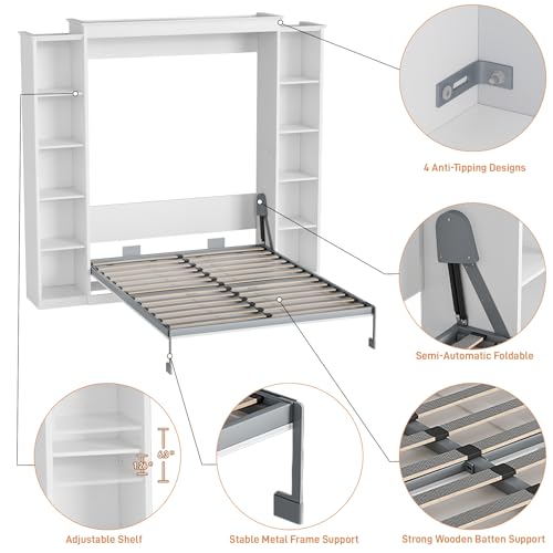 Queen Murphy Bed Cabinet with 5-Tier Adjustable Storage Shelves, Grey Wood Foldable Platform Bed E6897