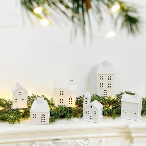 22 Pcs Ceramic Christmas Village Set with Light Include 9 Lighted Village Houses 13 Christmas Trees White Roof T991356