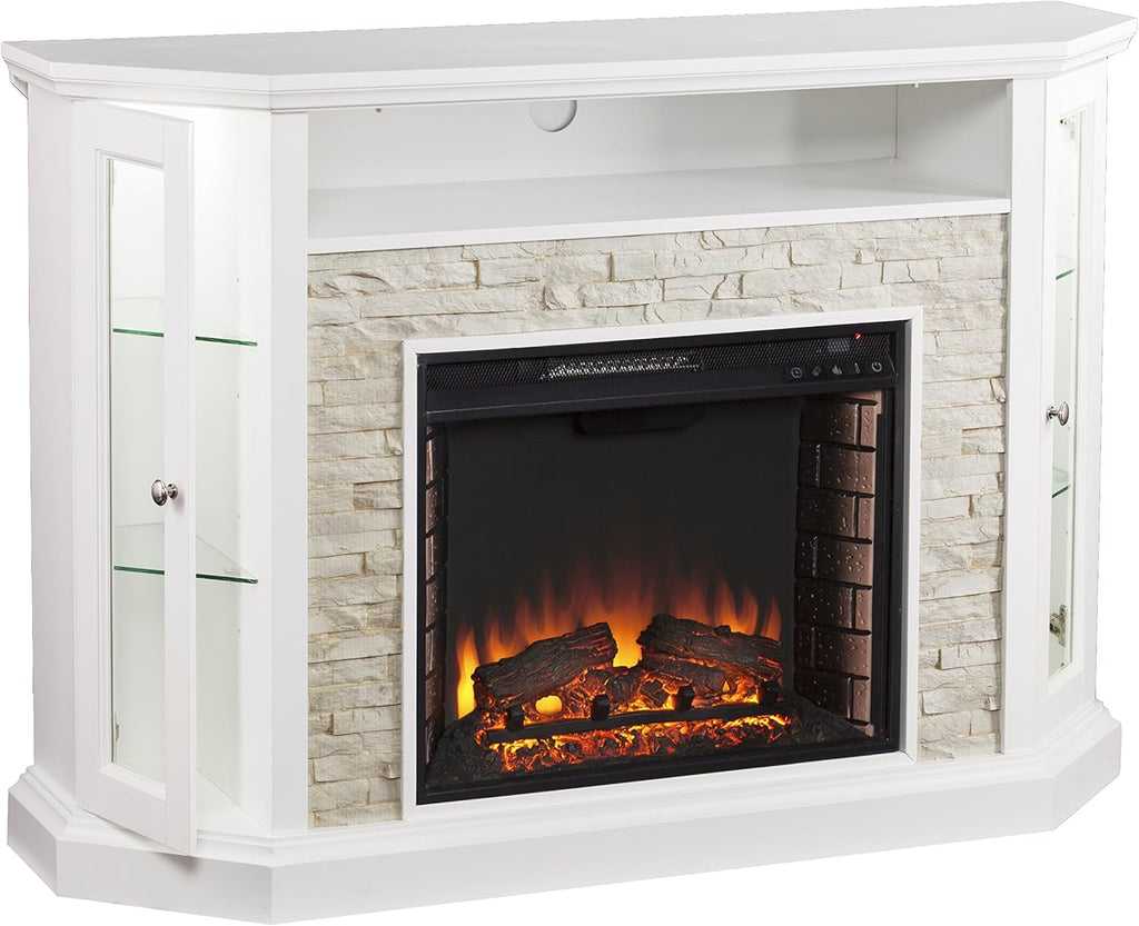 Fresh White Faux Stone Electric Media Storage Corner Fireplace N8692