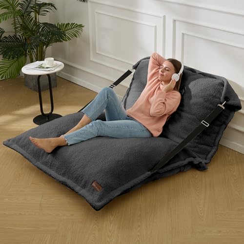 Grey Giant Bean Bag Chair with Adjustable Backrest and Detachable Sherpa Cover J486123