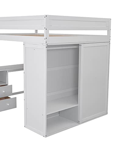 White Solid Wood Full Size Loft Bed with Wardrobes and 2-Drawer Desk and Storage Cabinet W990