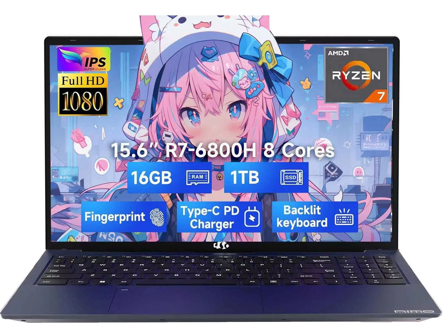 15.6" IPS FHD Gaming Laptop 8 Cores AMD Ryzen 7 6800H 16GB DDR5 RAM 1TB SSD AMD Radeon 680M GPU Backlit Keyboard Fingerprint E68186