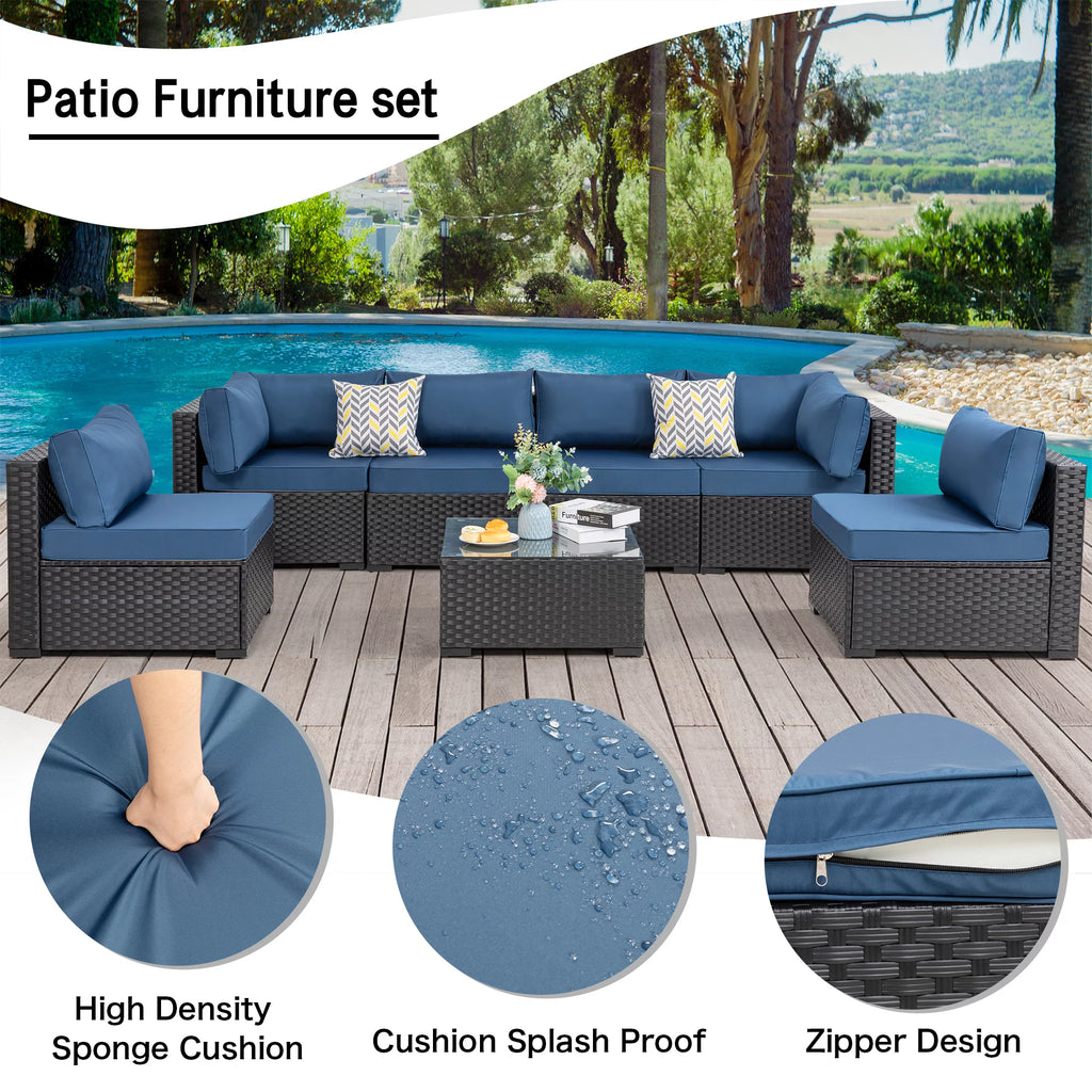 7 Pieces Black Wicker Outdoor Sectional Sofa Set with Tea Table and Cushions A761299