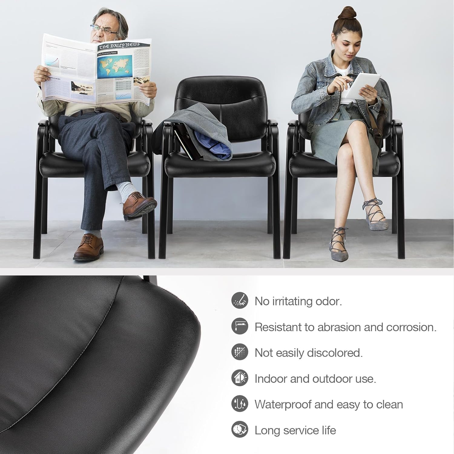 Set of 2 Black Leather Side Chairs with Padded Arms X60391