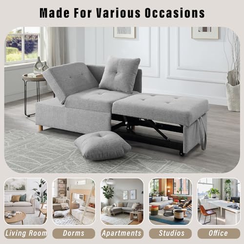 Light Gray Linen Convertible Sleeper Sofa Chair with 2 Throw Pillow A6467