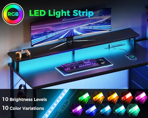 Carbon Fiber Black Gaming Desk with USB Charging Ports & LED Light Q492